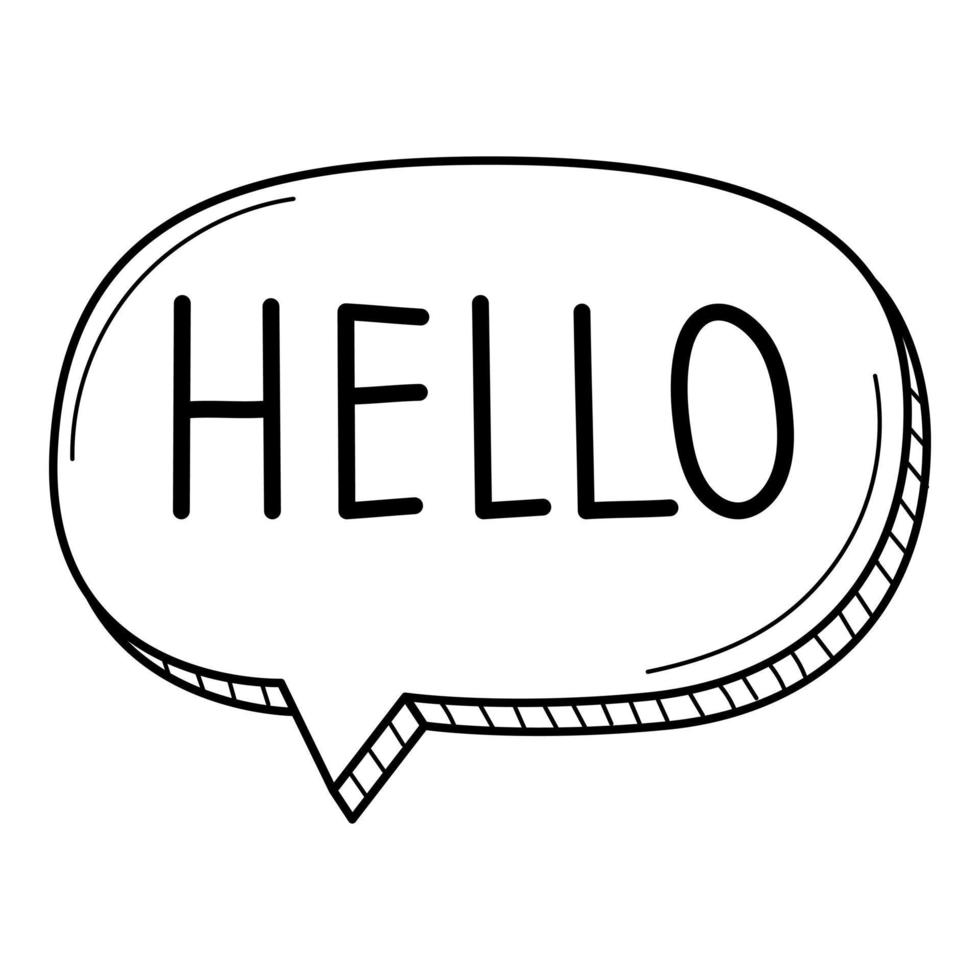 A speech bubble with the word Hello in the doodle style. Hand-drawn black and white vector illustration. Design elements are isolated on a white background