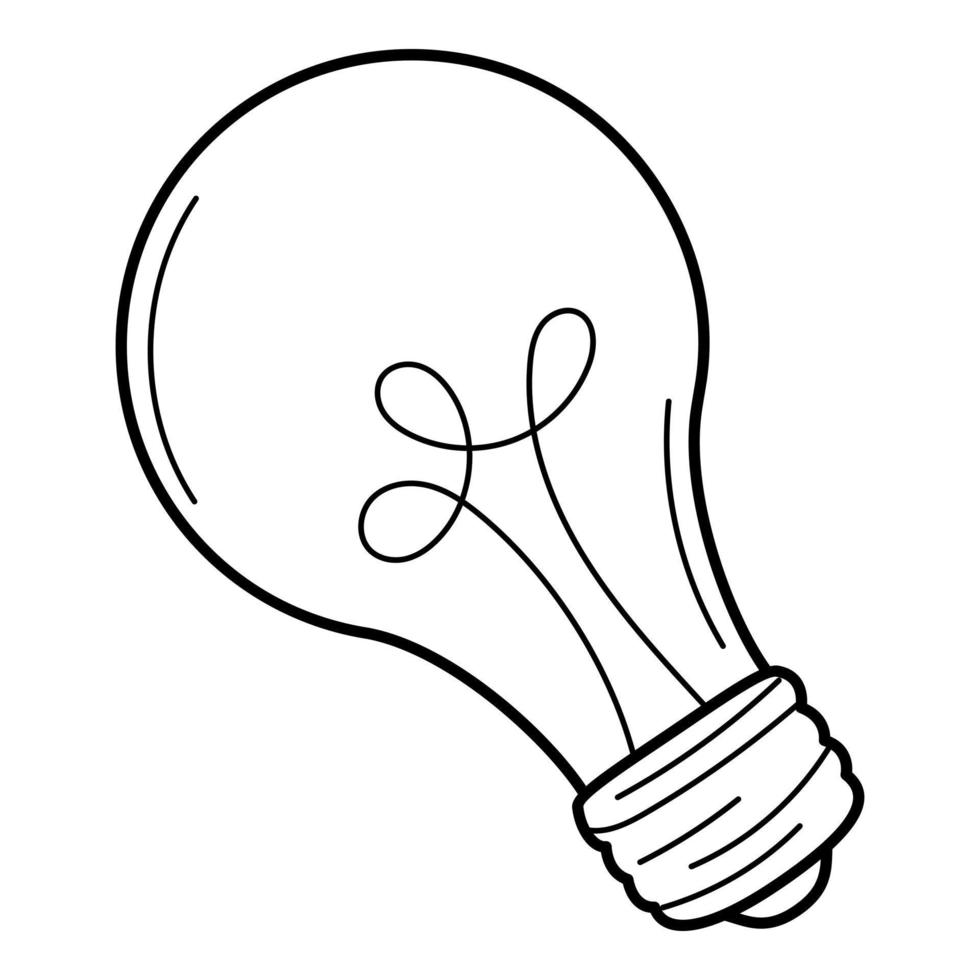 An incandescent light bulb, a symbol of an idea, insight. Doodle. Hand-drawn black and white vector illustration. The design elements are isolated on a white background.