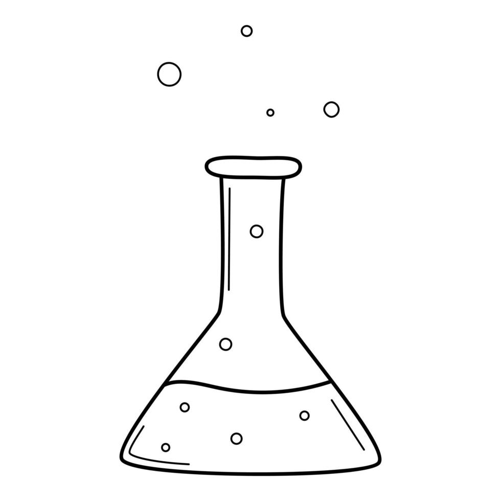 A test tube with liquid. Chemical equipment. Doodle outline style. Hand-drawn black and white vector illustration. The design elements are isolated on a white background.