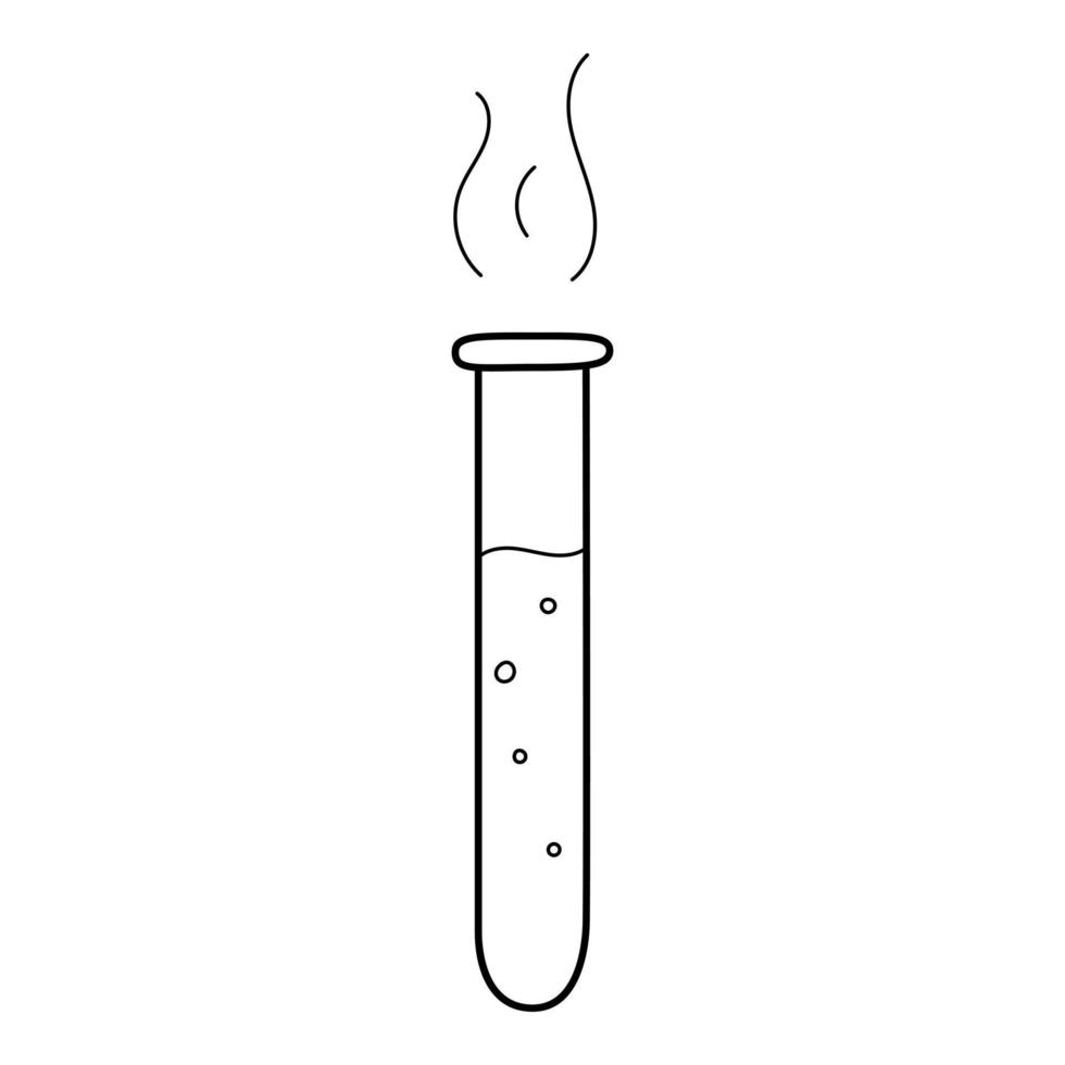 A long, narrow tube of liquid. Chemical equipment. Doodle outline style. Hand-drawn black and white vector illustration. The design elements are isolated on a white background.