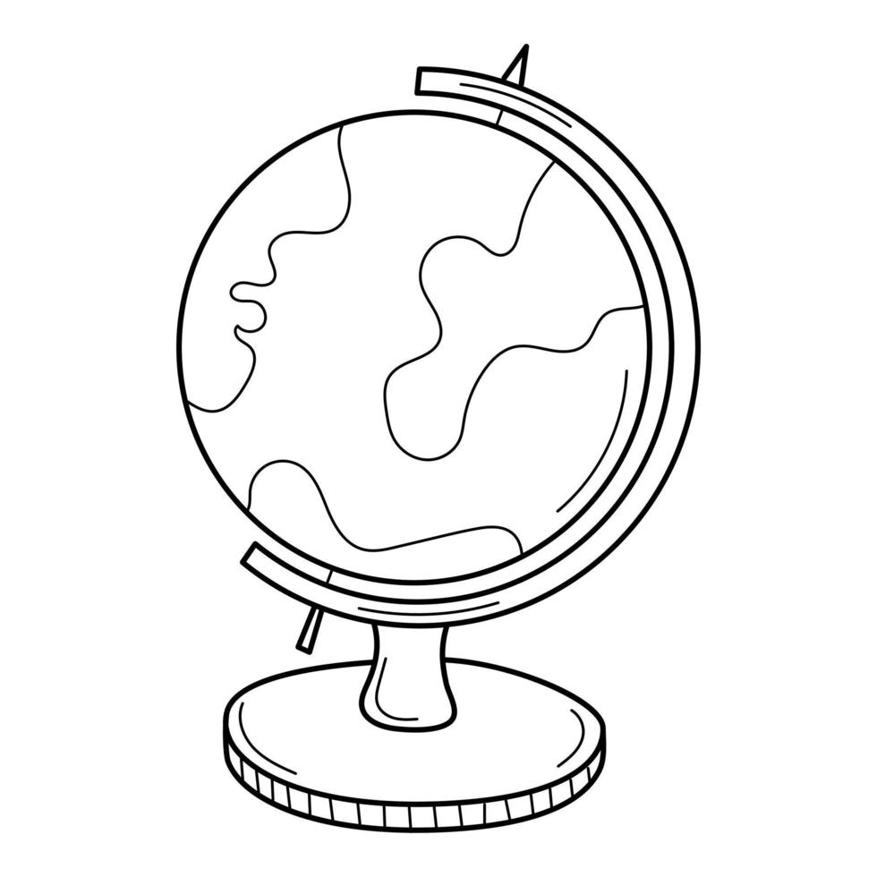 A globe on a stand. School item. Doodle. Globus. Hand-drawn black and white vector illustration. The design elements are isolated on a white background.