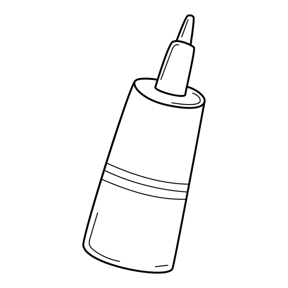 A bottle of office glue. Doodle style. Hand-drawn black and white vector illustration. The design elements are isolated on a white background.