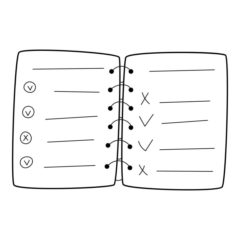 A checklist, a to-do list, a planner with marks. Doodle style. Hand-drawn black and white vector illustration. The design elements are isolated on a white background.