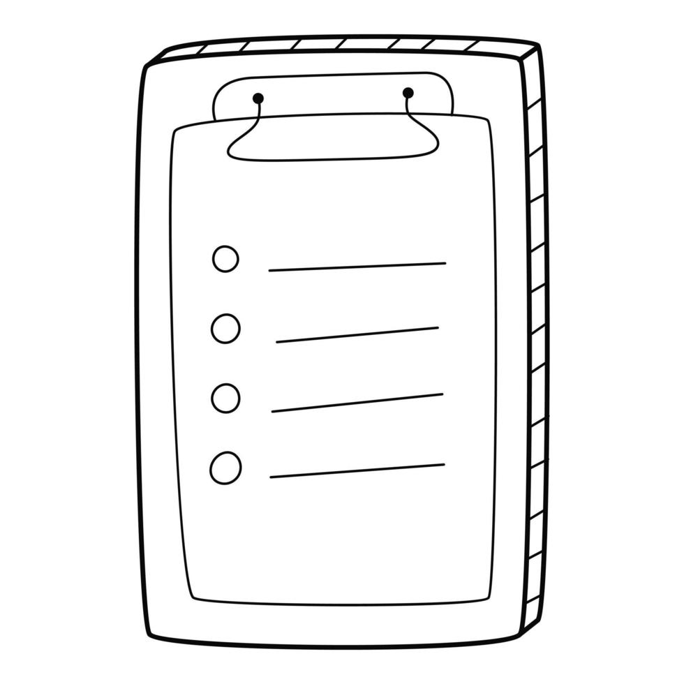 cuestionario, lista de verificación, lista de tareas pendientes, cuestionario, formulario de votación. una tableta con una hoja adjunta. ilustración vectorial en blanco y negro dibujada a mano. Aislado en un fondo blanco. vector