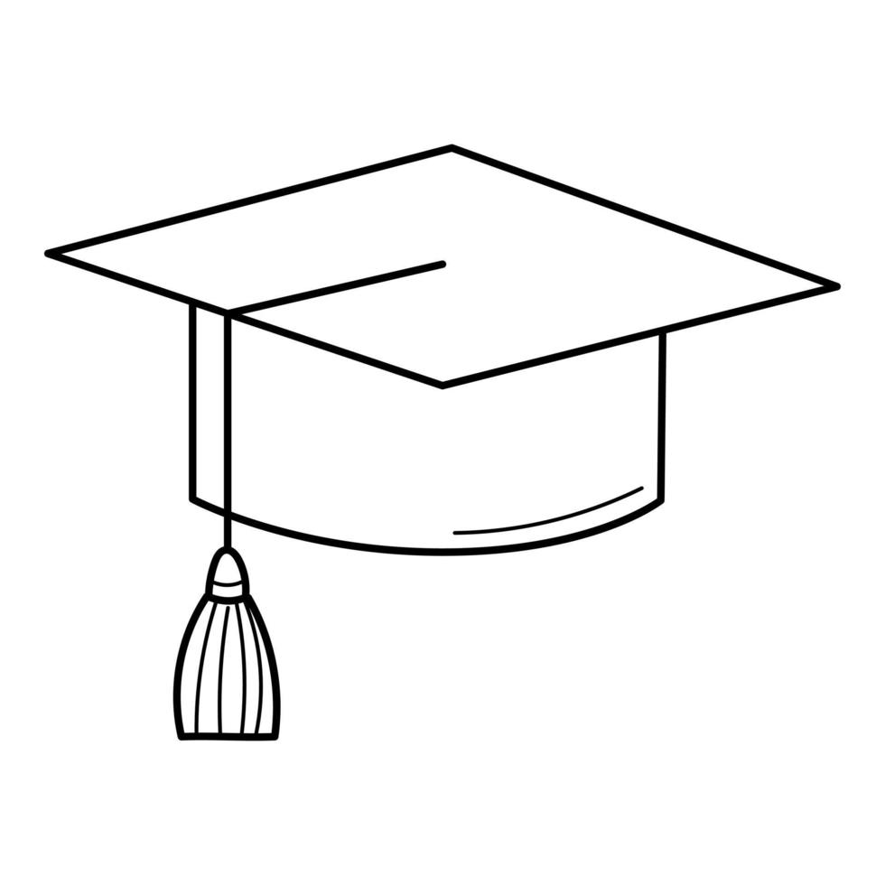 Graduate's hat. Doodle style. The symbol of graduation. Hand-drawn black and white vector illustration. The design elements are isolated on a white background.