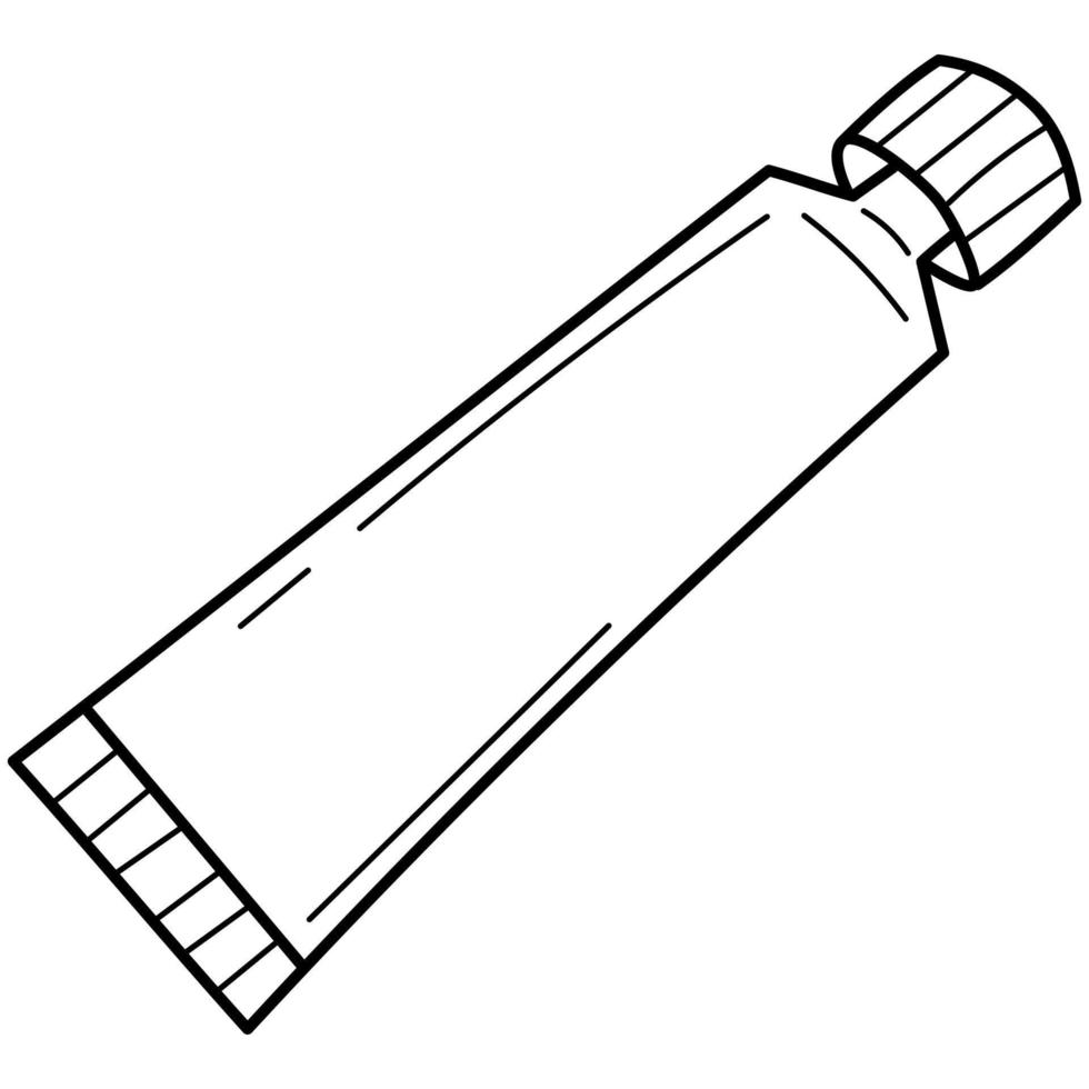 A tube with acrylic or gouache paint. An artistic tool. Doodle style. Hand-drawn black and white vector illustration. The design elements are isolated on a white background.