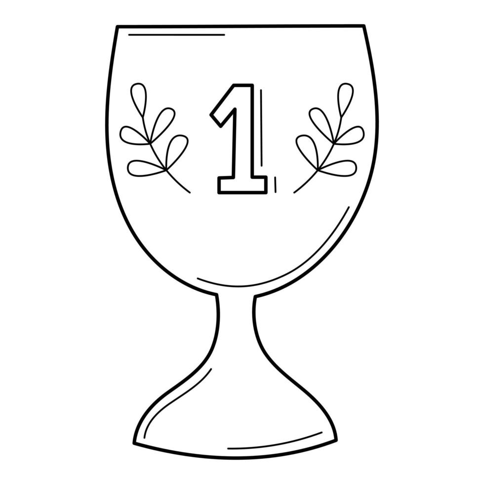 The cup for the first place. Reward. Doodle. Hand-drawn black and white vector illustration. The design elements are isolated on a white background.