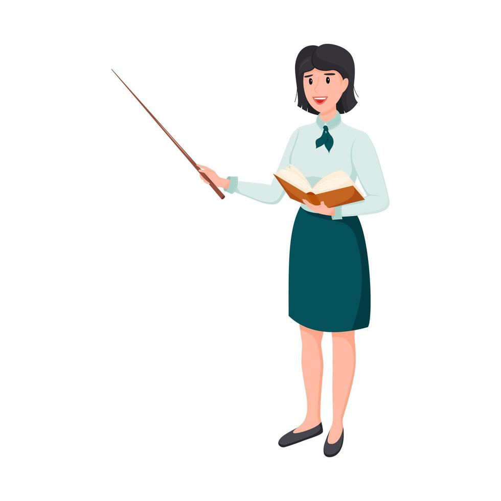 A female teacher in a skirt and blouse stands with a pointer in one hand and an open book in the other. A pretty teacher with short dark hair is smiling. Back to school. Vector illustration.flat style