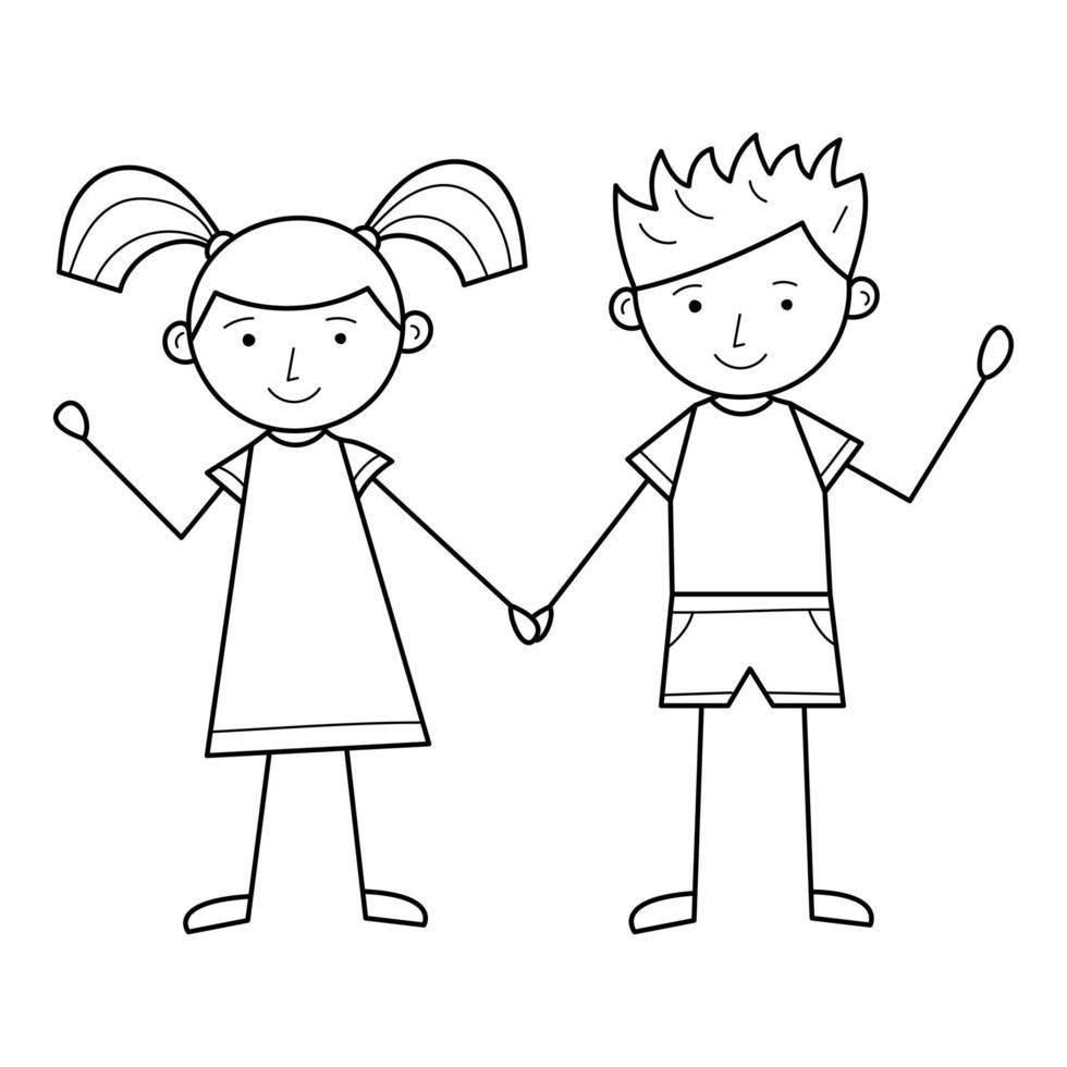 un niño y una niña se dan la mano. lindos personajes un dibujo lineal a mano. ilustración vectorial simple en blanco y negro, aislada en un fondo blanco. dibujada a mano vector