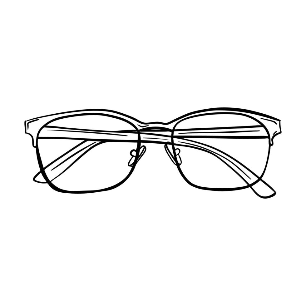 Sketch of optical glasses. Glasses with transparent lenses with folded arms. Doodle style. Front view. Hand drawn and isolated on a white background. Black and white vector illustration.