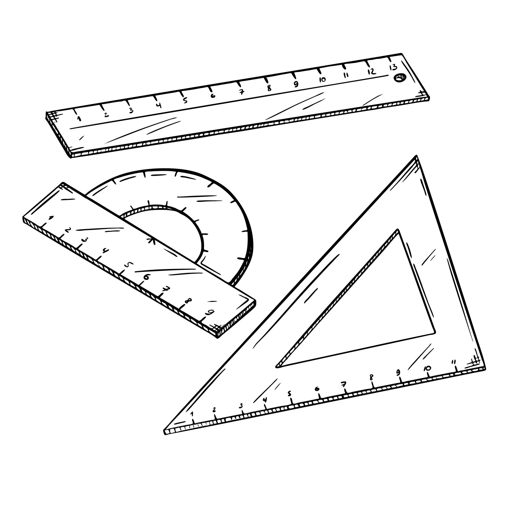 A set of school lines. Ruler, corner, and protractor. Office supplies for  drawing work. School supplies. Black and white vector. Sketch style, draft.  Hand - drawn isolated on a white background 7509122