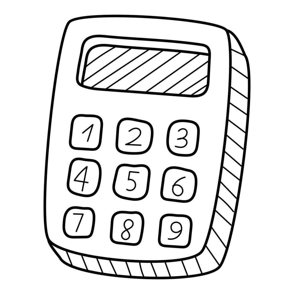 A simple calculator. Doodle. Hand-drawn black and white vector illustration. The design elements are isolated on a white background.