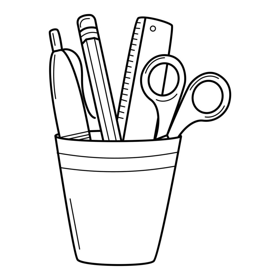 Pencil holder with a ruler, scissors, pen, pencil. Doodle style. Hand-drawn black and white vector illustration. The design elements are isolated on a white background.