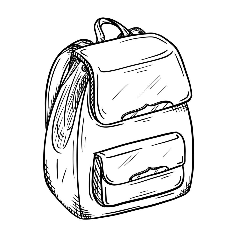 Sketch of a women's backpack with magnetic fasteners. Stylish, fashionable bag for girls. Personal accessory. Black and white vector illustration. Hand drawn, isolated on a white background. Doodle