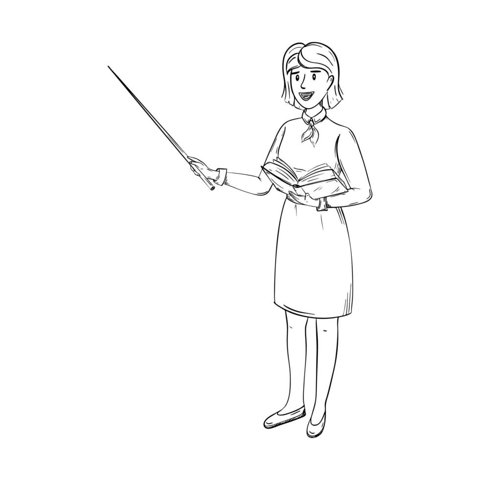 Sketch of a teacher in a skirt and blouse. The woman stands with a pointer in one hand and an open book in the other. A pretty teacher with short dark hair is smiling. Hand-drawn, isolated on white. vector