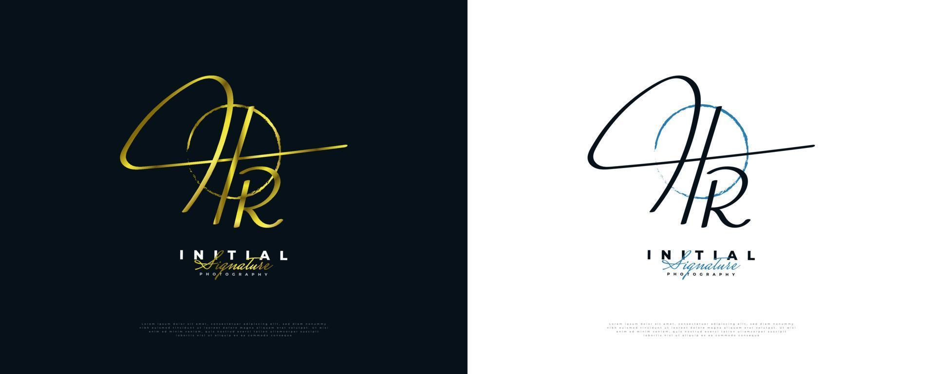 HR Initial Signature Logo Design in Gold Handwriting Style. Initial H and R Logo Design for Wedding, Fashion, Jewelry, Boutique and Business Brand Identity vector