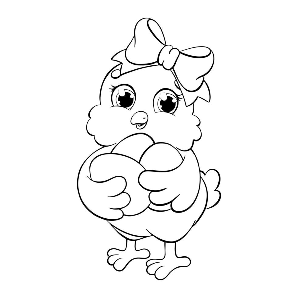 A cute chick is holding Easter eggs. Coloring book page for kids. Cartoon style character. Vector illustration isolated on white background.