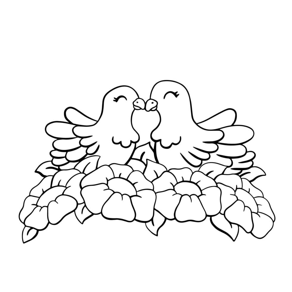 A couple of doves in love sitting in flowers. Coloring page for kids. Digital stamp. Cartoon style character. Vector illustration isolated on white background.