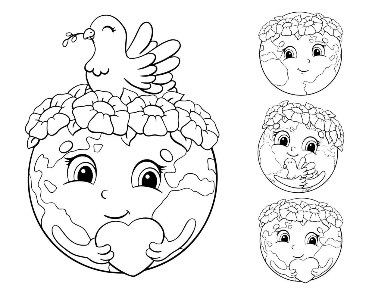 Set of cute planets for Earth Day. Coloring book page for kids. Cartoon style character. Vector illustration isolated on white background.