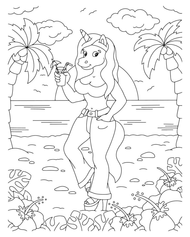 A lovely unicorn girl stands on her heels on the beach. Coloring book page for kids. Cartoon style character. Vector illustration isolated on white background.