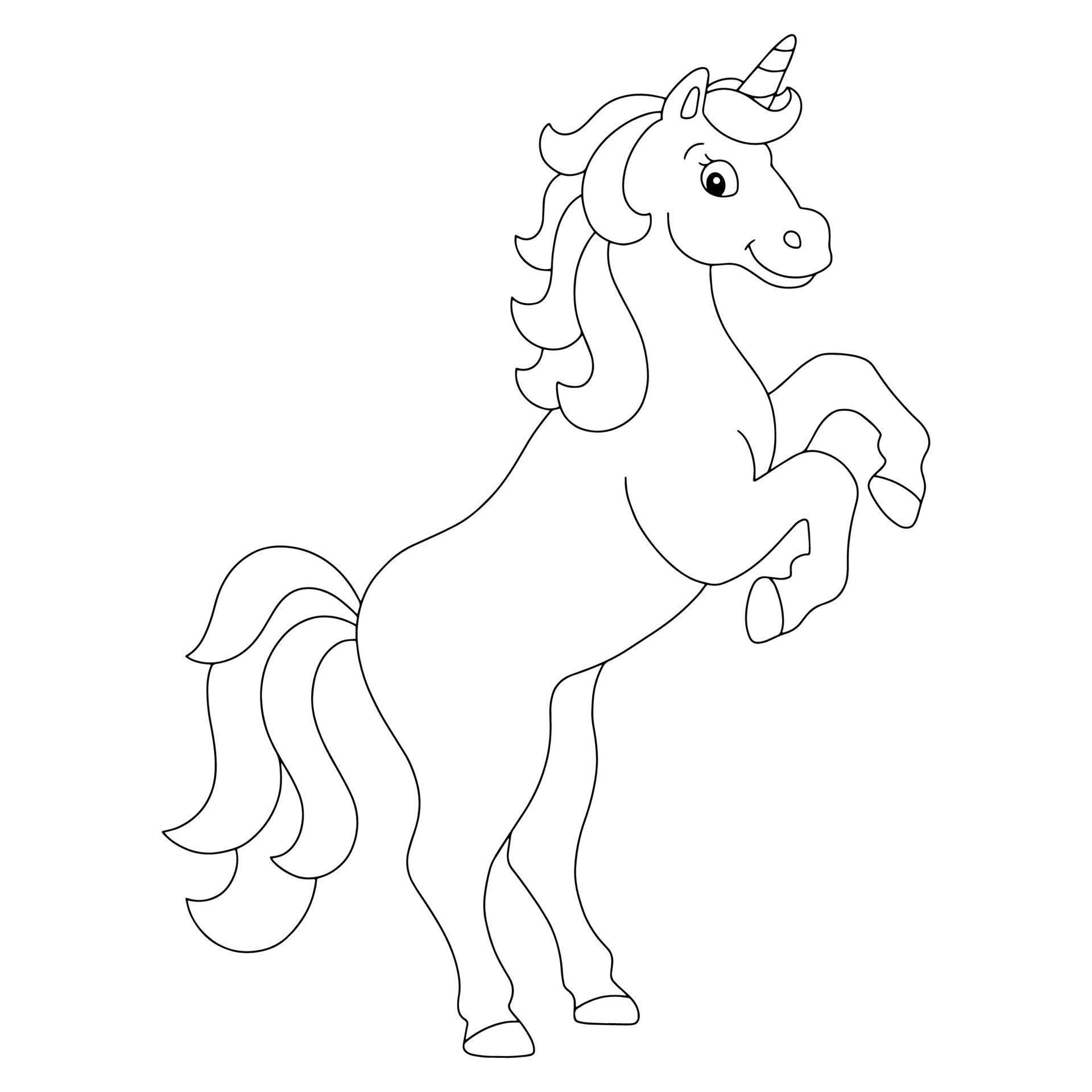 The magical unicorn reared up. Coloring book page for kids. Cartoon ...