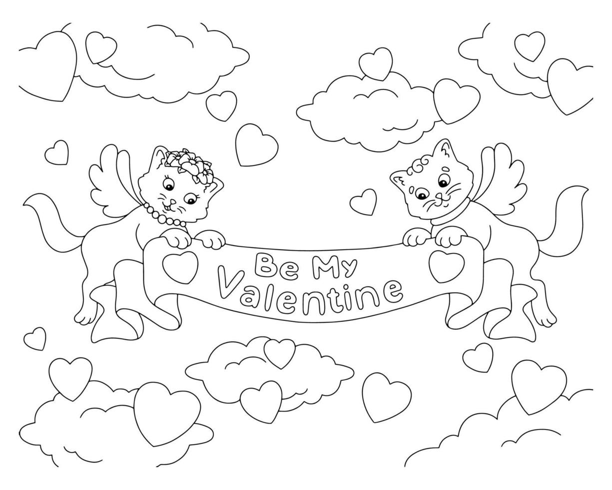 Cats in love with wings hold a ribbon with an inscription. Coloring book page for kids. Valentine's Day. Cartoon style character. Vector illustration isolated on white background.