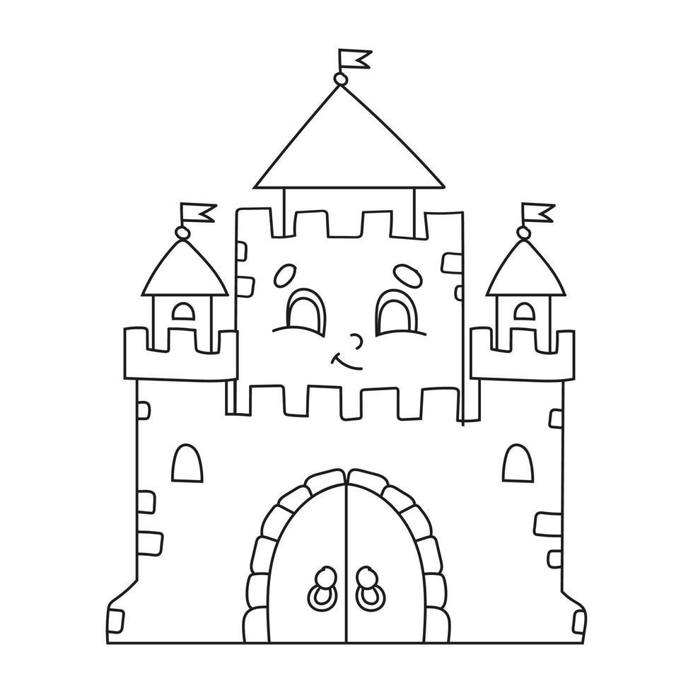 Fairytale castle. Coloring book page for kids. Cartoon style character. Vector illustration isolated on white background.