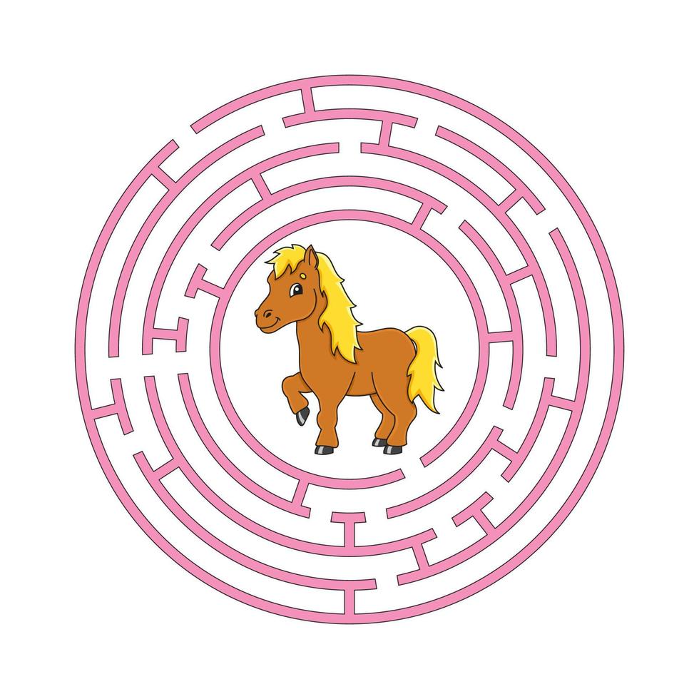 Circle maze. Game for kids. Puzzle for children. Round labyrinth conundrum. Color vector illustration. Find the right path. Education worksheet.