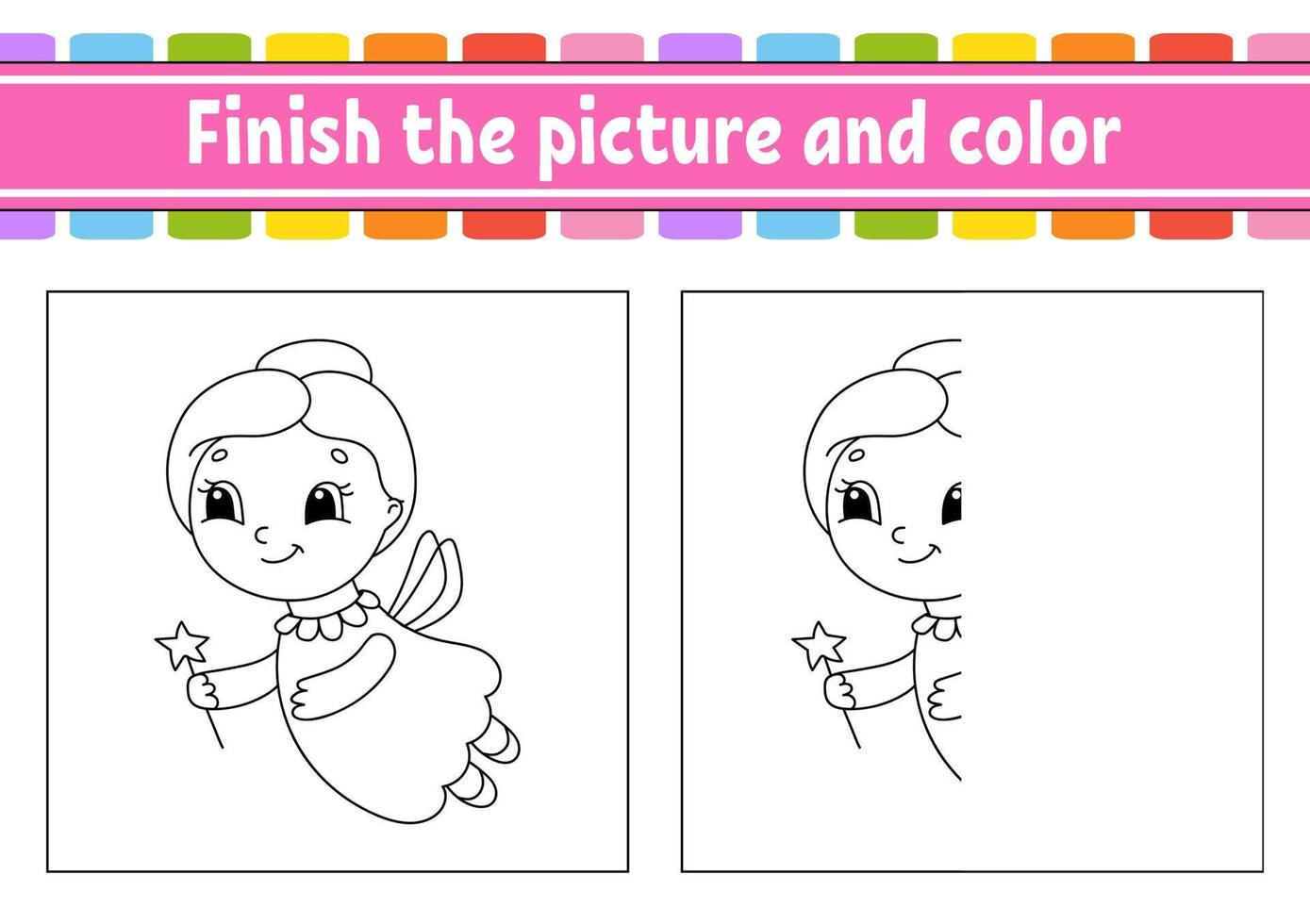 Finish the picture and color. cartoon character isolated on white background. For kids education. Activity worksheet. vector