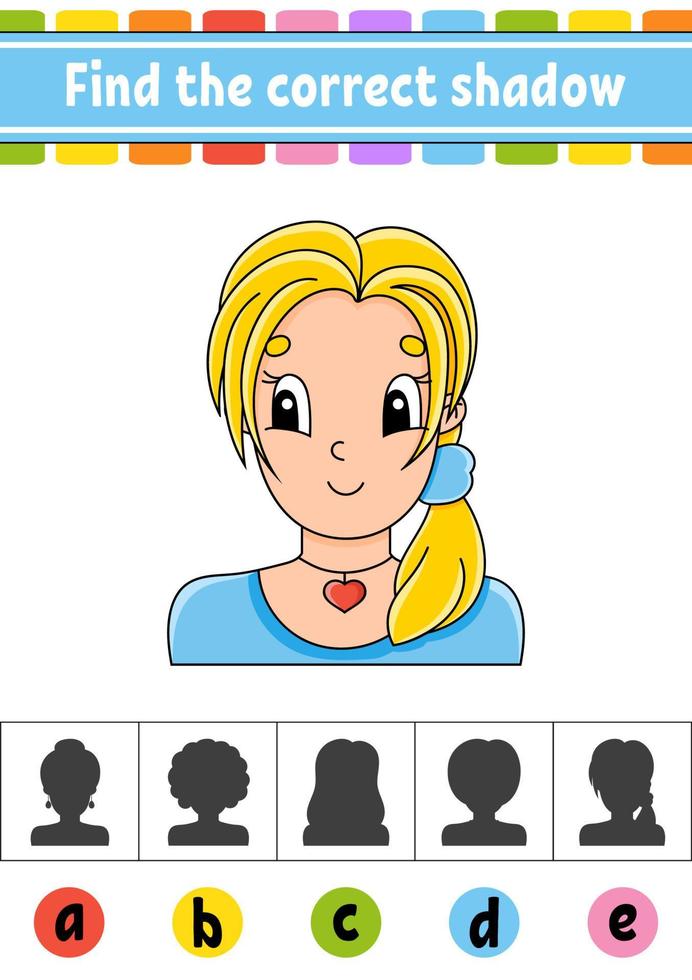 Find the correct shadow. Education developing worksheet. Activity page. Color game for children. Isolated vector illustration. Cartoon character.
