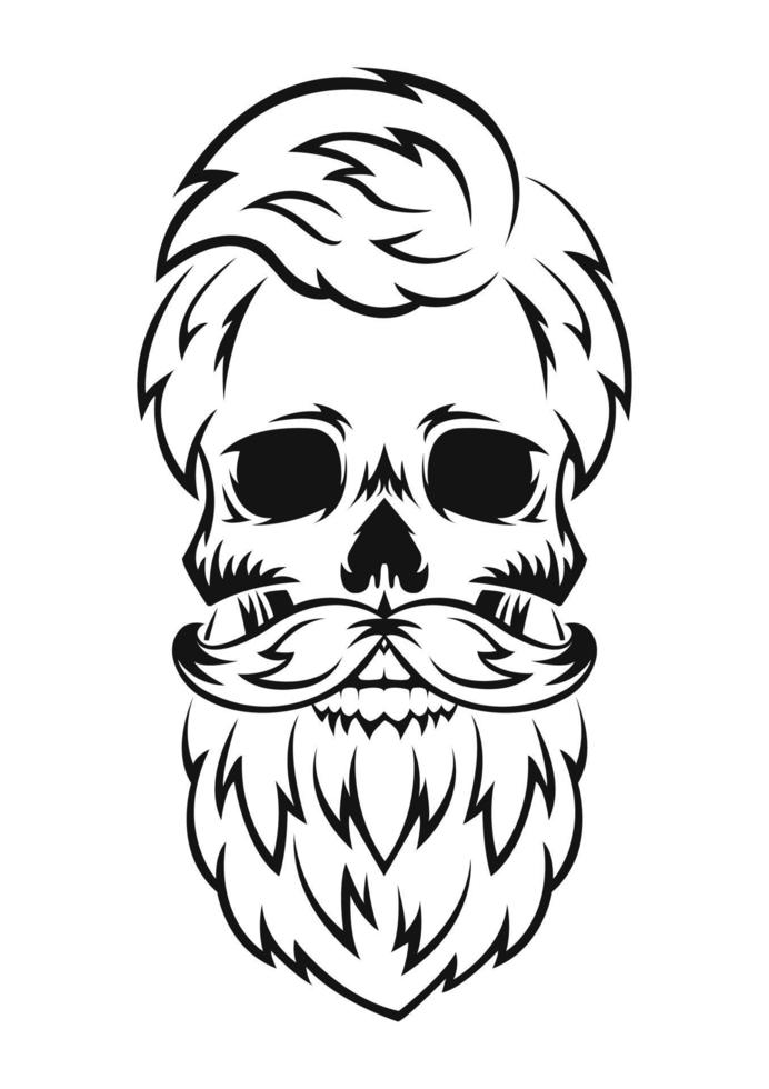 Human skull with beard and mustache. Black silhouette. Design element. Hand drawn sketch. Vintage style. Vector illustration.