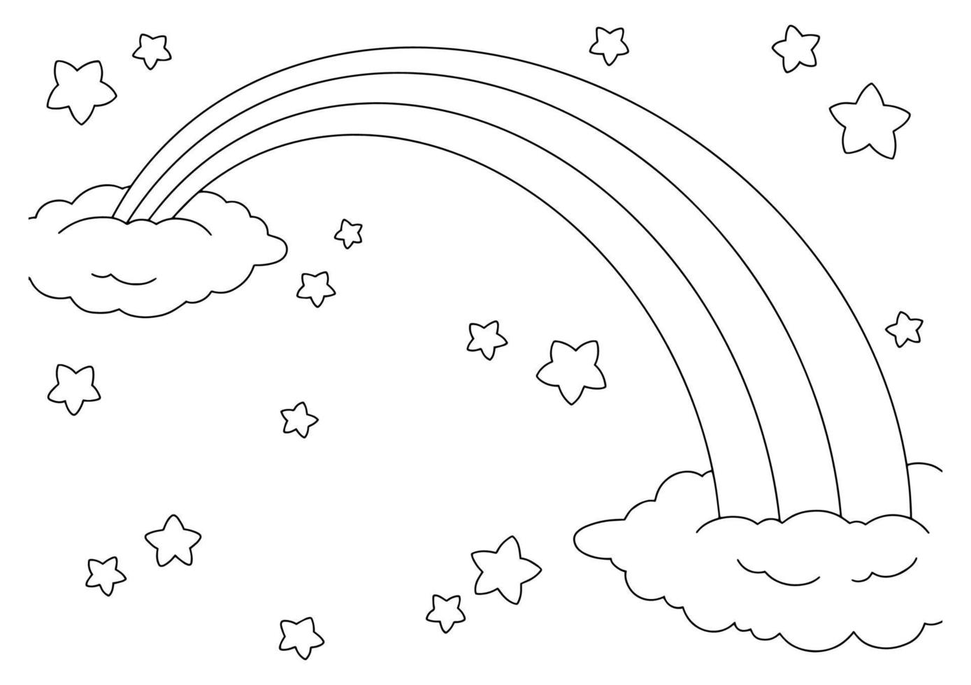 cielo de cuento de hadas con arco iris, estrellas y nubes. página de libro para colorear para niños. personaje de estilo de dibujos animados. ilustración vectorial aislado sobre fondo blanco. vector