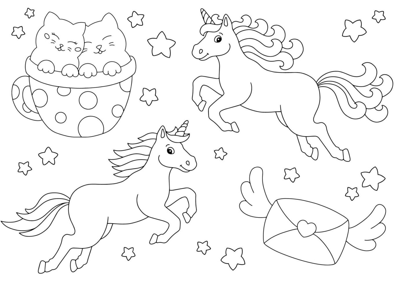 Unicorns, cats, envelope. Coloring book page for kids. Valentine's Day. Cartoon style character. Vector illustration isolated on white background.