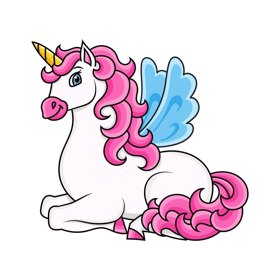 Cute unicorn with wings. Magic fairy horse. Cartoon character. Colorful vector illustration. Isolated on white background. Design element. Template for your design, books, stickers, cards.