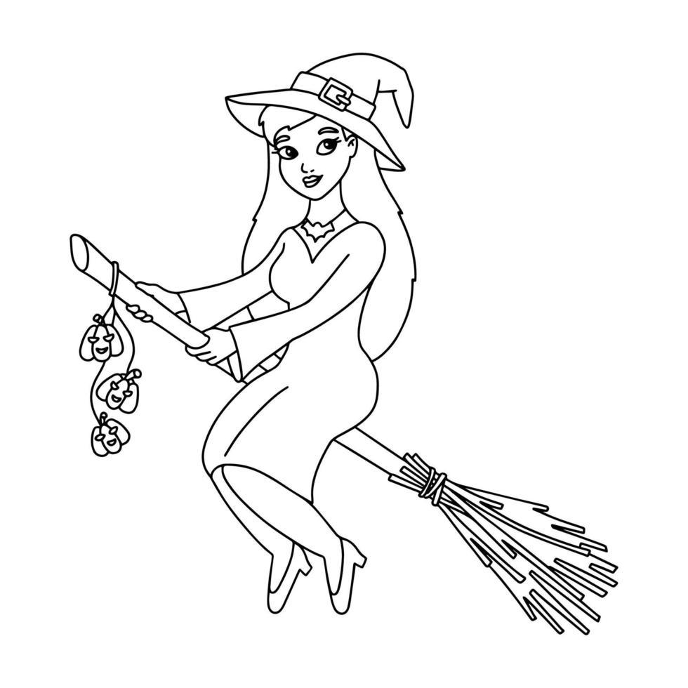 una linda bruja con sombrero vuela en una escoba. página de libro para colorear para niños. personaje de estilo de dibujos animados. ilustración vectorial aislado sobre fondo blanco. tema de halloween vector