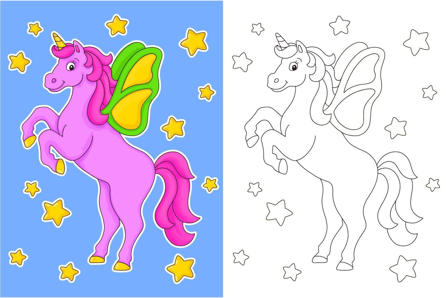 Magic unicorn. Fairy horse. Coloring book page for kids. Cartoon style character. Vector illustration isolated on white background.