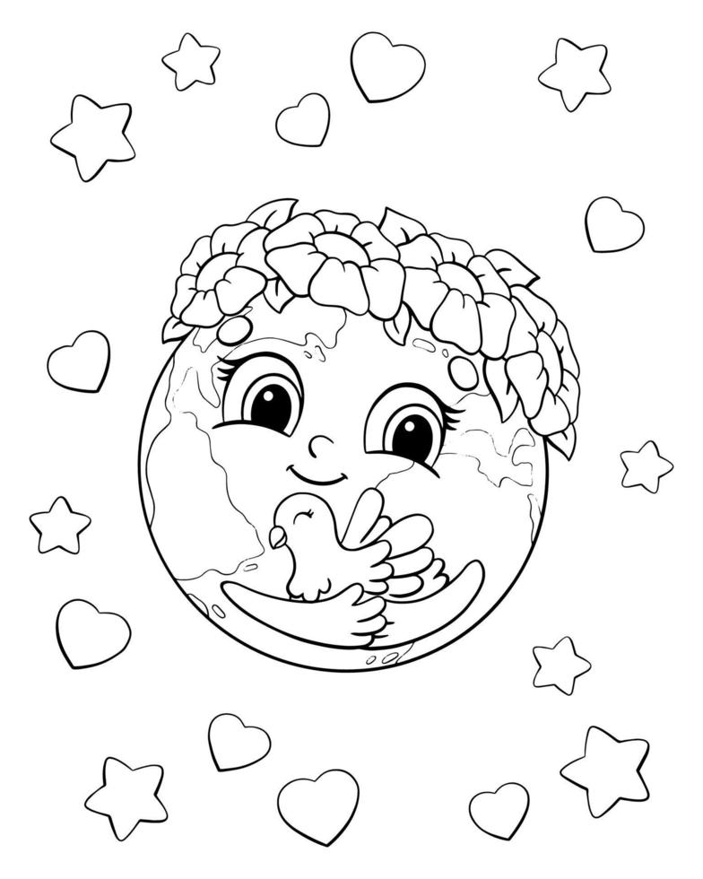 Cute planet Earth in a wreath of flowers holds a dove in her hands. Coloring book page for kids. Cartoon style character. Vector illustration isolated on white background.