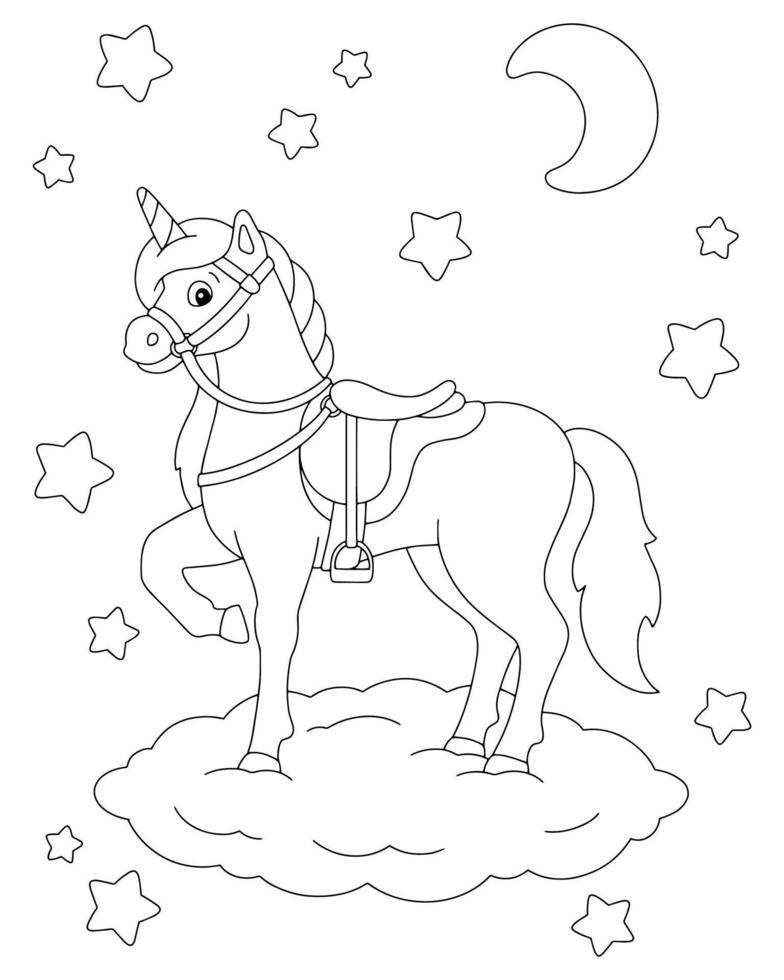 A beautiful unicorn stands on a cloud at night. Coloring book page for kids. Cartoon style character. Vector illustration isolated on white background.