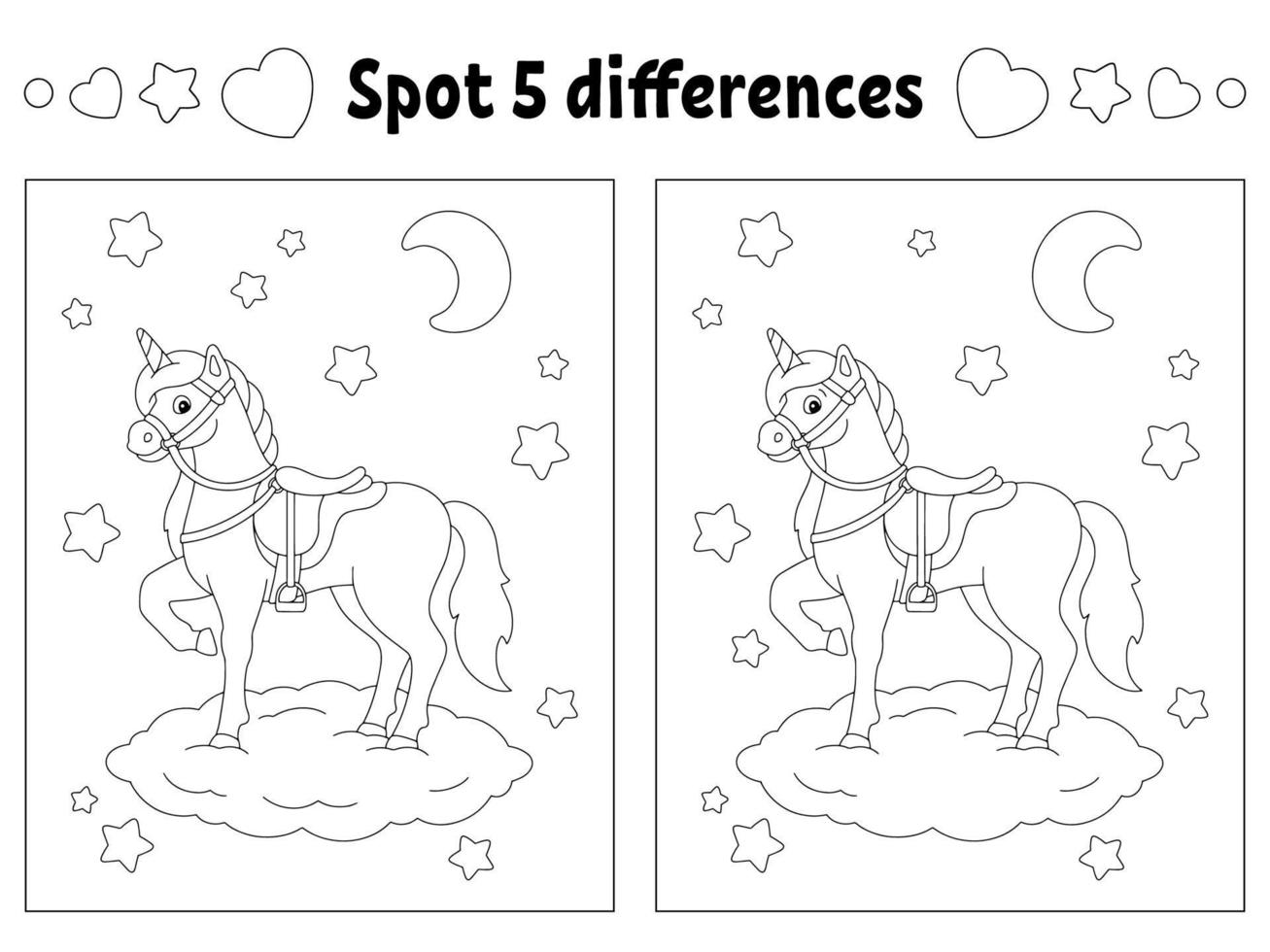 Find five differences. Coloring page for kids. Activity worksheet for children. Vector illustration isolated on white background.