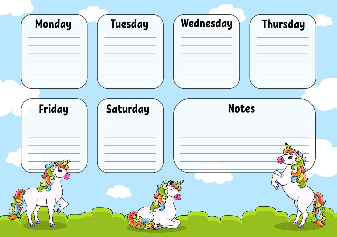 horario escolar con unicornio mágico. para la educación de los niños. Aislado en un fondo blanco. con un lindo personaje de dibujos animados. vector