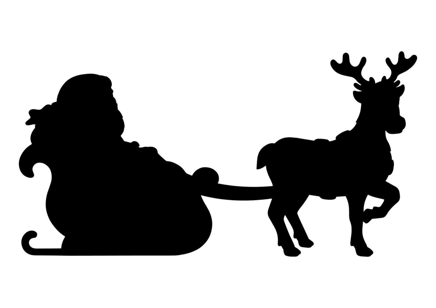 Santa Claus carries Christmas presents on a reindeer sleigh. Black silhouette. Design element. Vector illustration isolated on white background. Template for books, stickers, posters, cards, clothes.