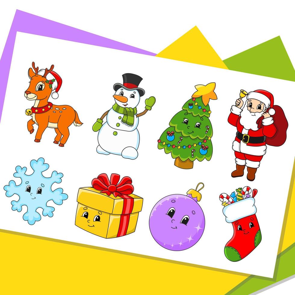 conjunto de pegatinas con lindos personajes de dibujos animados. imágenes prediseñadas de invierno. tema de navidad paquete colorido. ilustración vectorial colección de insignias de parche para niños. para planificador diario, organizador, diario. vector