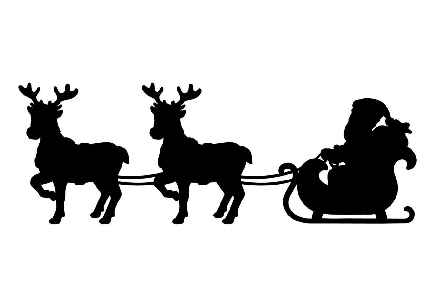 Santa Claus carries Christmas presents on a reindeer sleigh. Black silhouette. Design element. Vector illustration isolated on white background. Template for books, stickers, posters, cards, clothes.