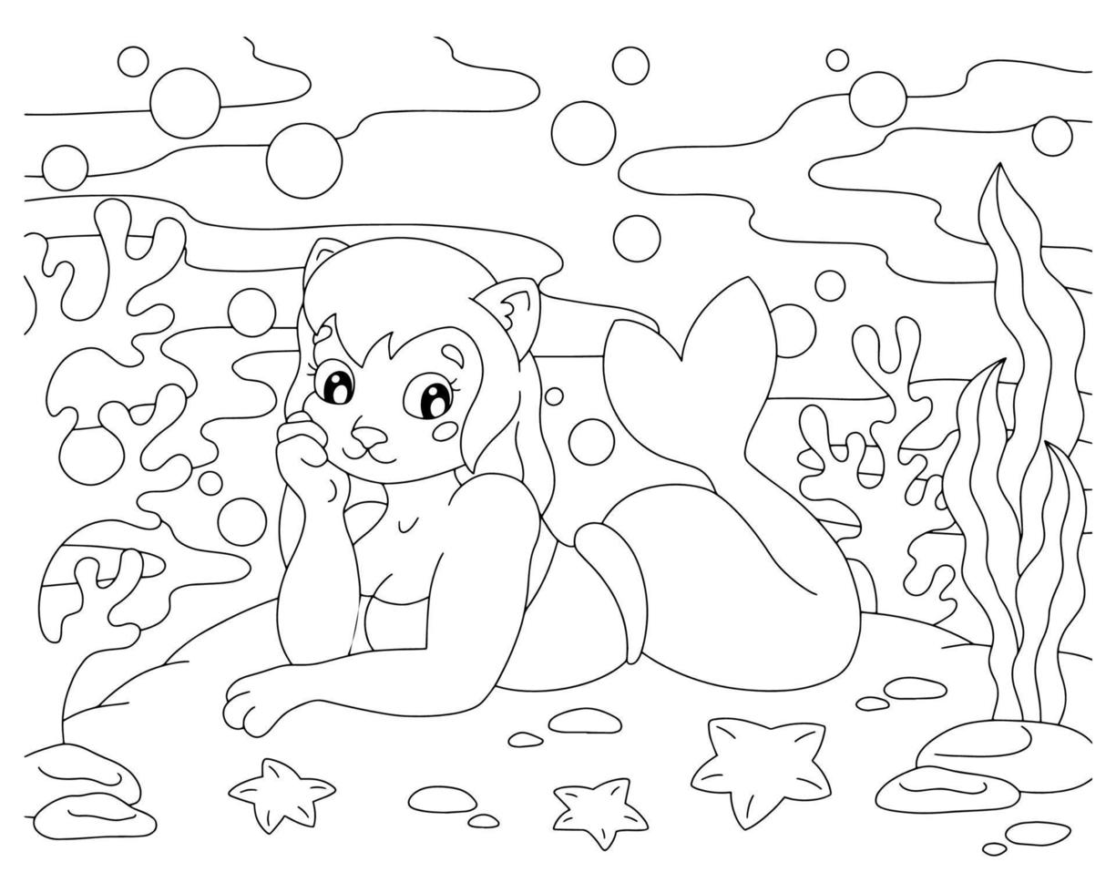 Coloring book page for kids. Cute mermaid. Cartoon style character. Vector illustration isolated on white background.
