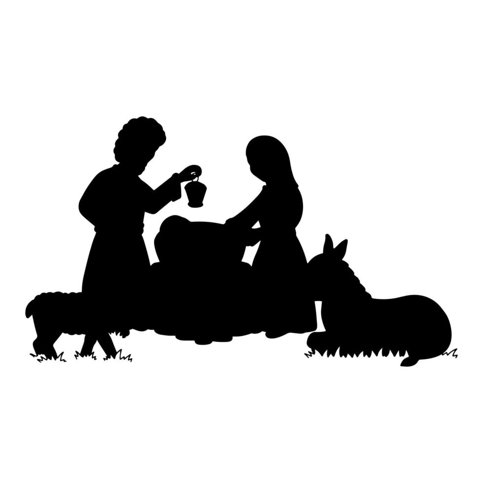 Nativity scene. Black silhouette. Design element. Vector illustration isolated on white background. Template for books, stickers, posters, cards, clothes.