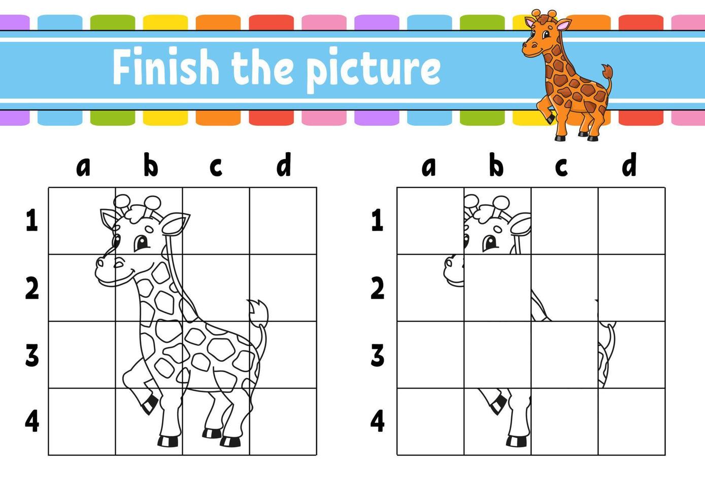 Finish the picture. Giraffe animal. Coloring book pages for kids. Education developing worksheet. Game for children. Handwriting practice. Coon character. Vector illustration.