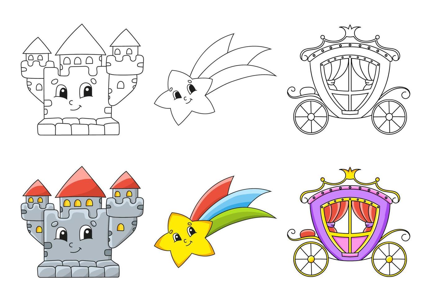 Set coloring page for kids. Fairytale theme. Cute cartoon characters. Black stroke. With sample. Vector illustration.