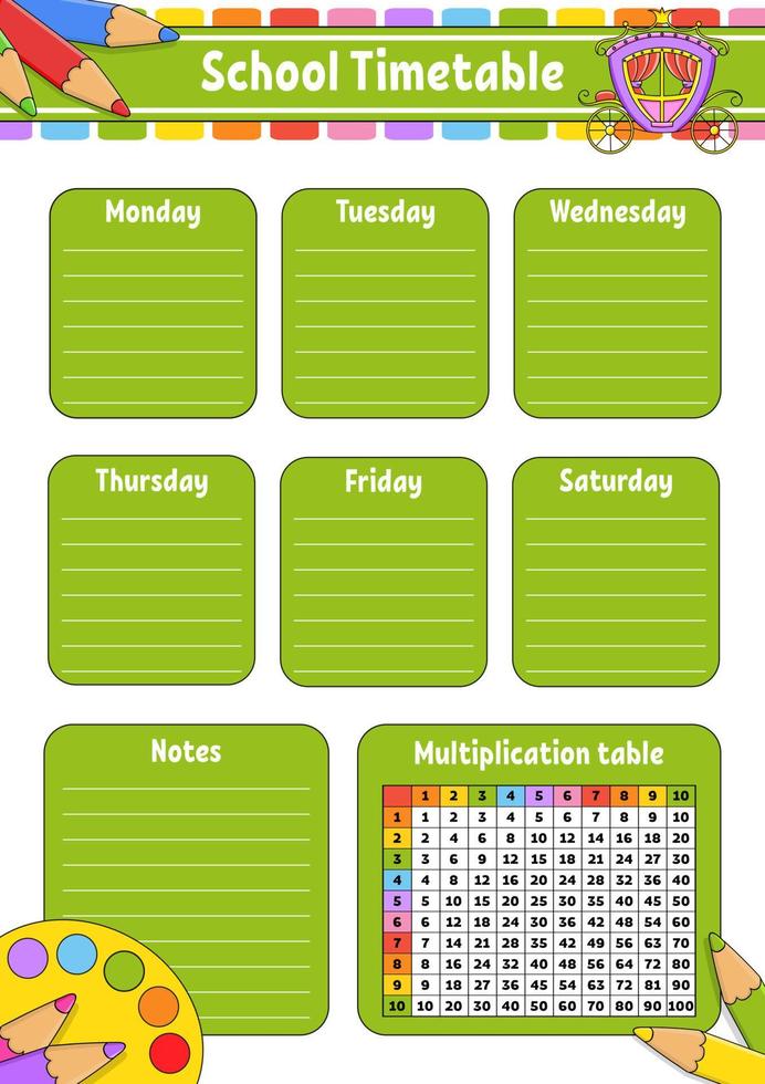 School timetable with multiplication table. For the education of children. Isolated on a white background. With a cute cartoon character. vector