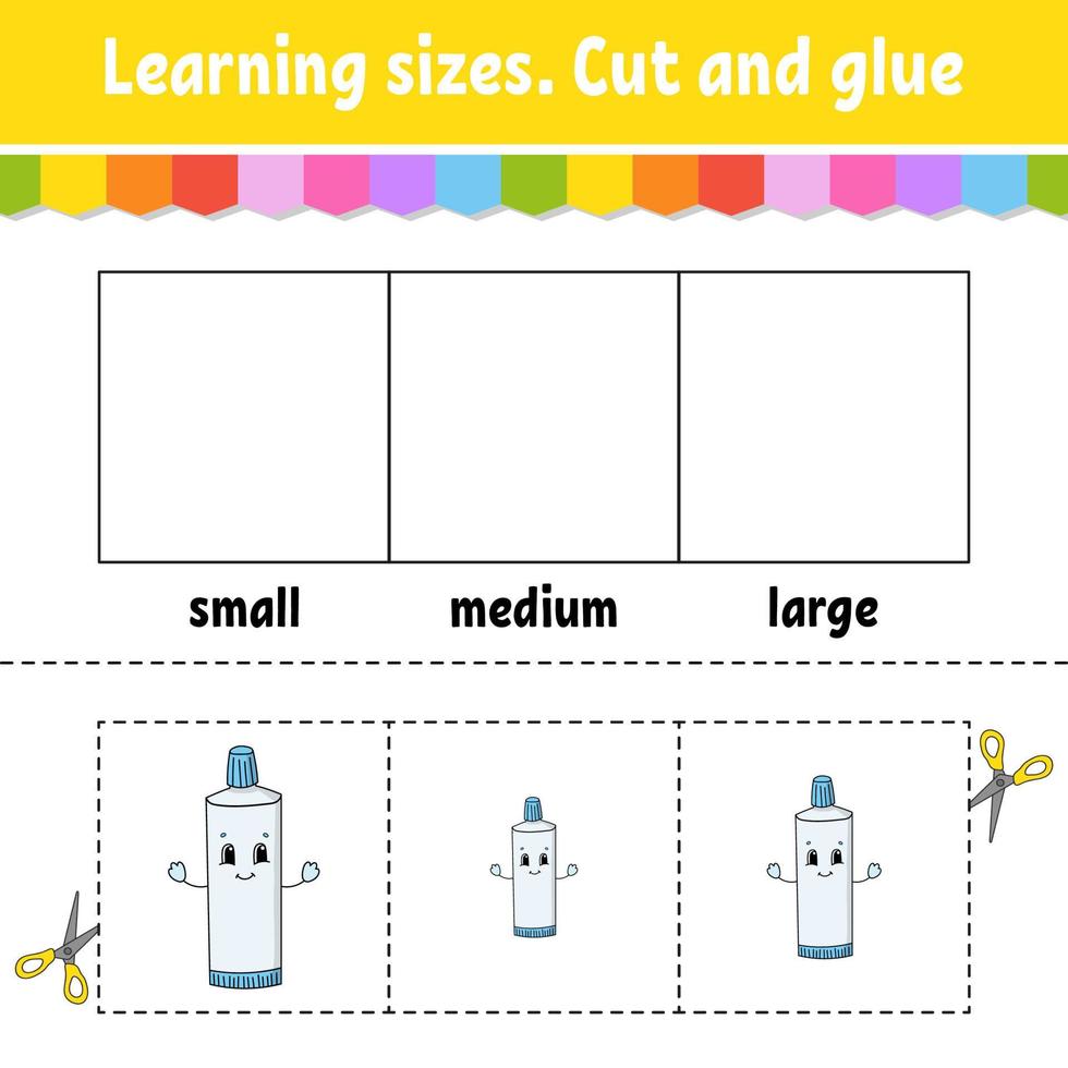 tamaños de aprendizaje. corta y pega. nivel fácil. hoja de trabajo de actividad de color. juego para niños. personaje animado. ilustración vectorial. vector