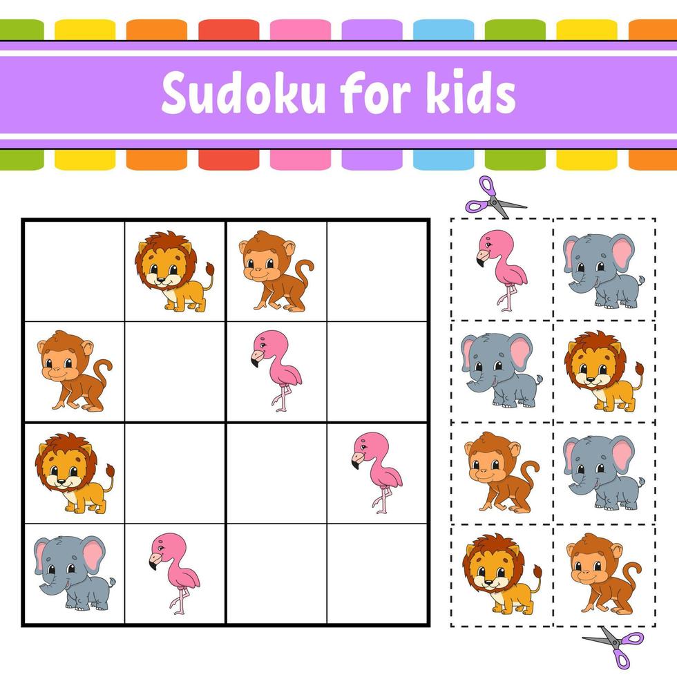 sudoku para niños. hoja de trabajo de desarrollo educativo. página de actividades con imágenes. juego de rompecabezas para niños. entrenamiento del pensamiento lógico. ilustración vectorial aislada. tema de animales estilo de dibujos animados vector